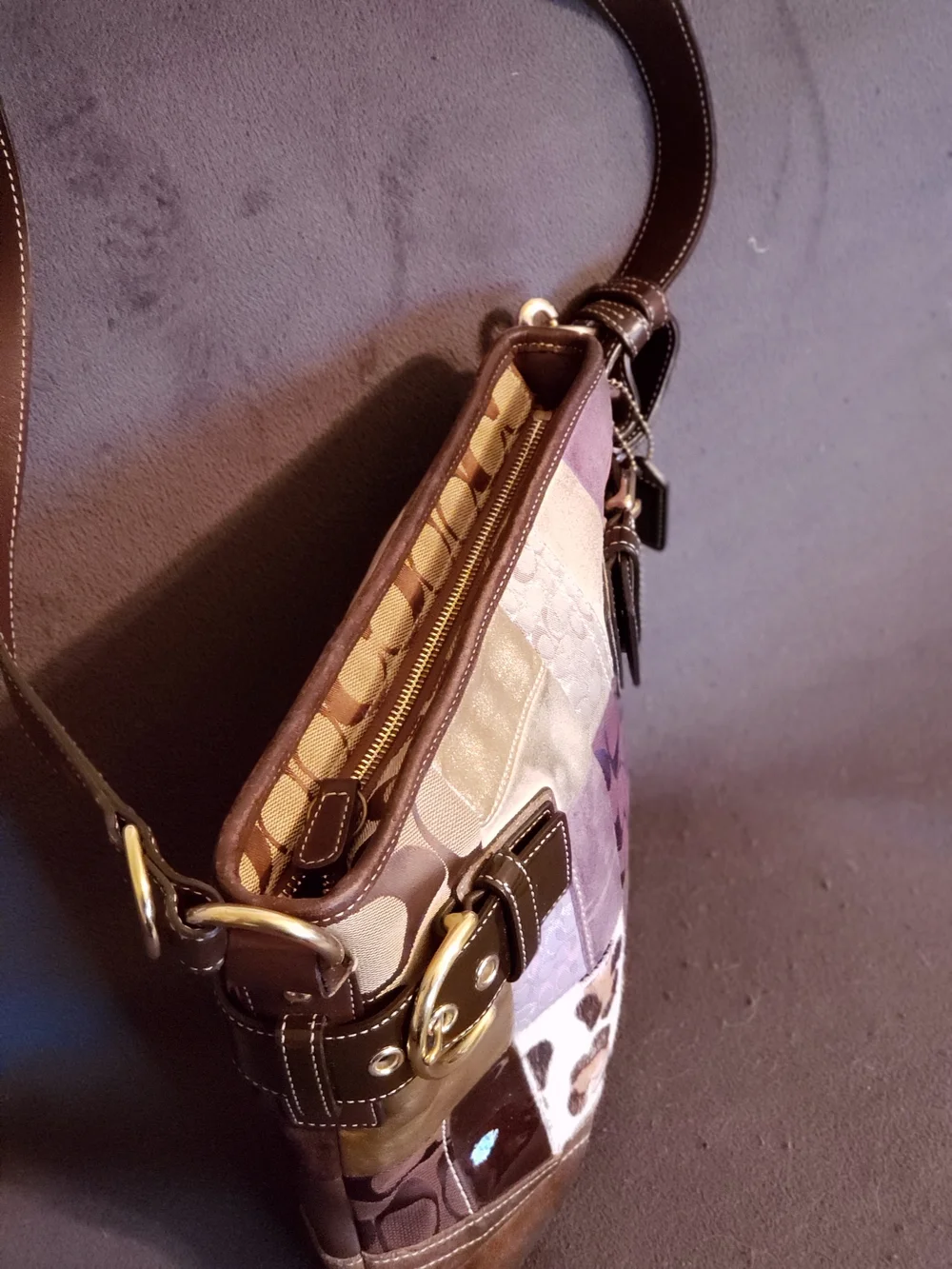 Coach Patchwork Shoulder Bag in Brown, Purple and Tan
